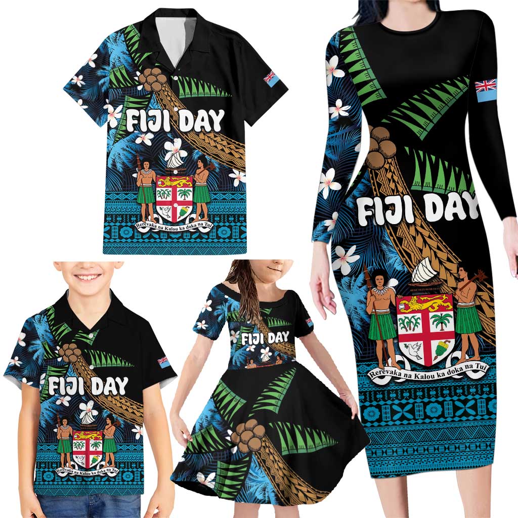 Fiji Day Family Matching Long Sleeve Bodycon Dress and Hawaiian Shirt Palm Tree With Plumeria Tapa Tribal Pattern