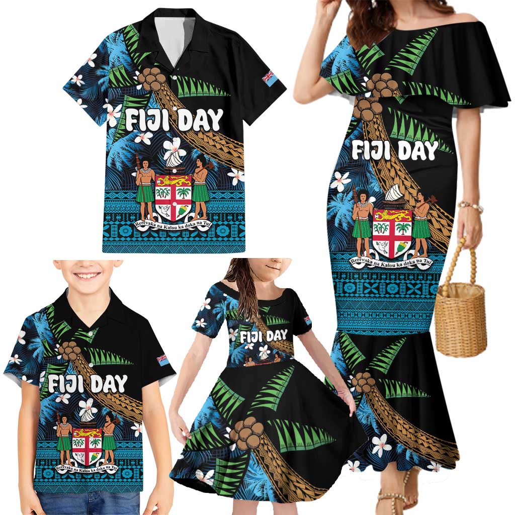 Fiji Day Family Matching Mermaid Dress and Hawaiian Shirt Palm Tree With Plumeria Tapa Tribal Pattern