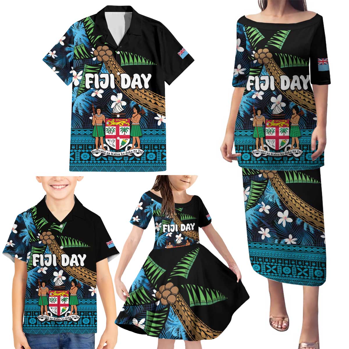 Fiji Day Family Matching Puletasi and Hawaiian Shirt Palm Tree With Plumeria Tapa Tribal Pattern