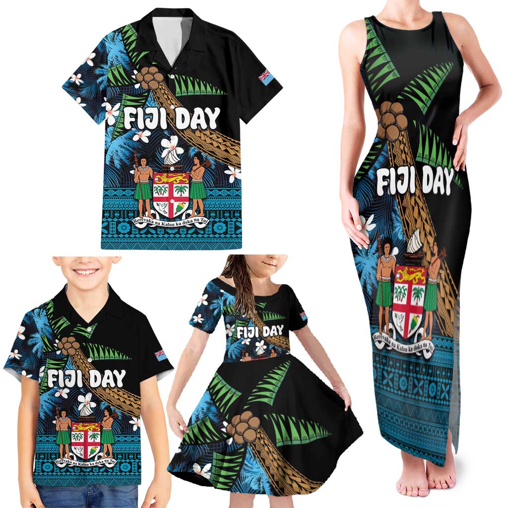 Fiji Day Family Matching Tank Maxi Dress and Hawaiian Shirt Palm Tree With Plumeria Tapa Tribal Pattern