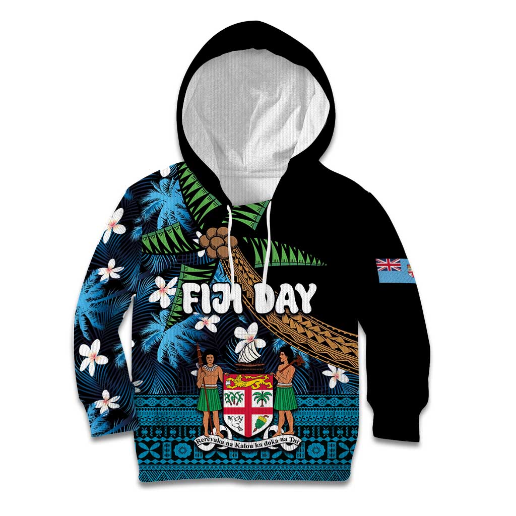 Fiji Day Kid Hoodie Palm Tree With Plumeria Tapa Tribal Pattern