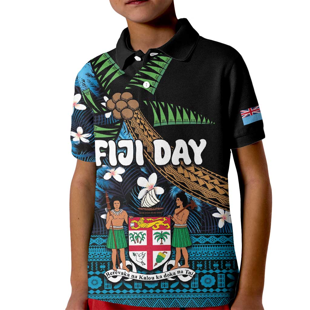 Fiji Day Kid Polo Shirt Palm Tree With Plumeria Tapa Tribal Pattern