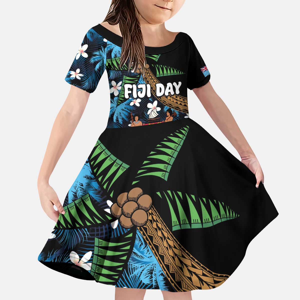 Fiji Day Kid Short Sleeve Dress Palm Tree With Plumeria Tapa Tribal Pattern