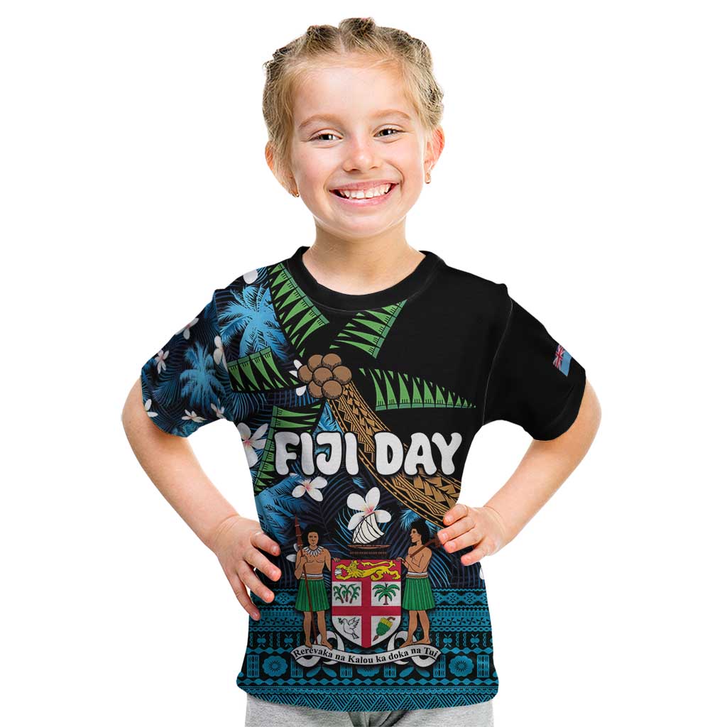 Fiji Day Kid T Shirt Palm Tree With Plumeria Tapa Tribal Pattern