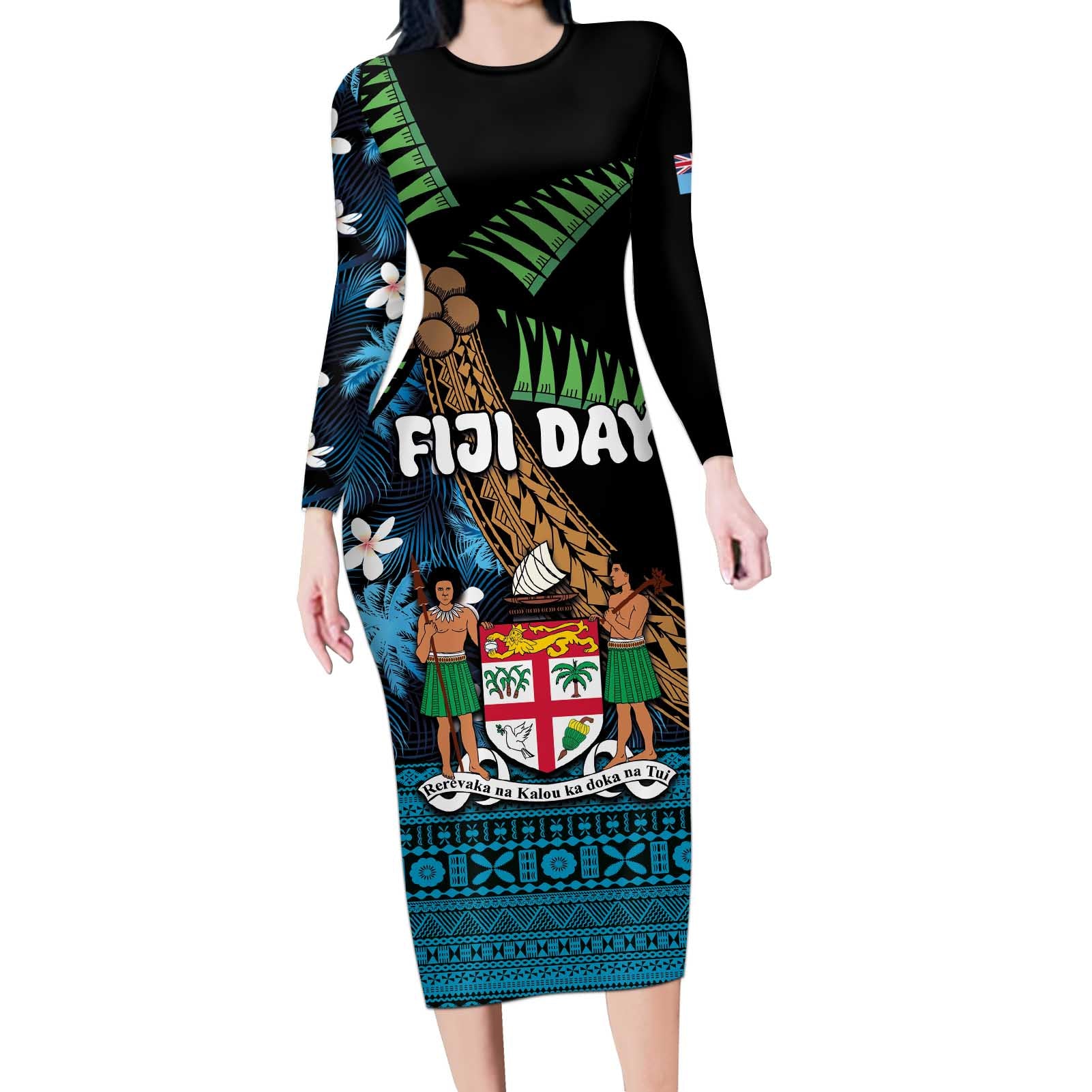 Fiji Day Long Sleeve Bodycon Dress Palm Tree With Plumeria Tapa Tribal Pattern