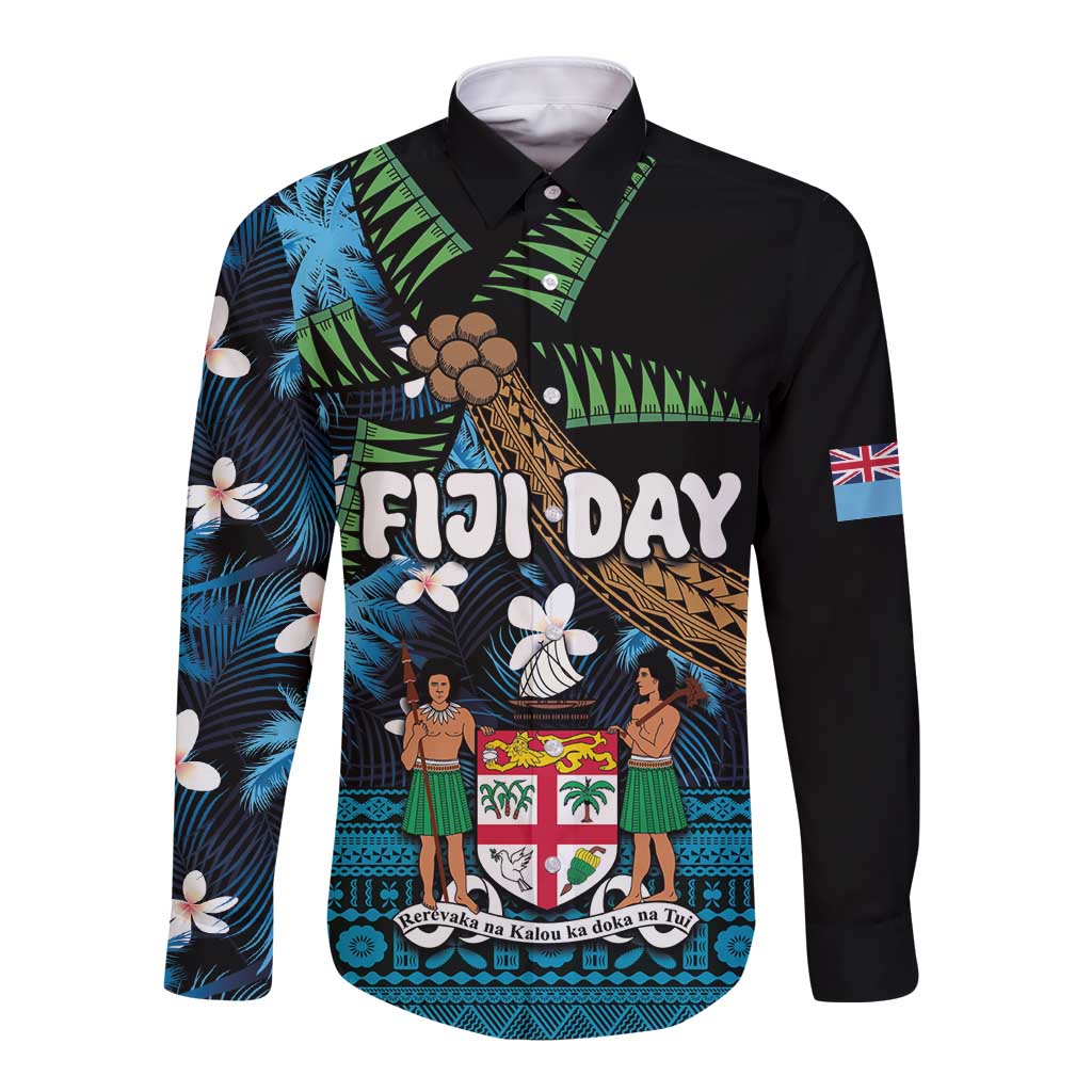 Fiji Day Long Sleeve Button Shirt Palm Tree With Plumeria Tapa Tribal Pattern