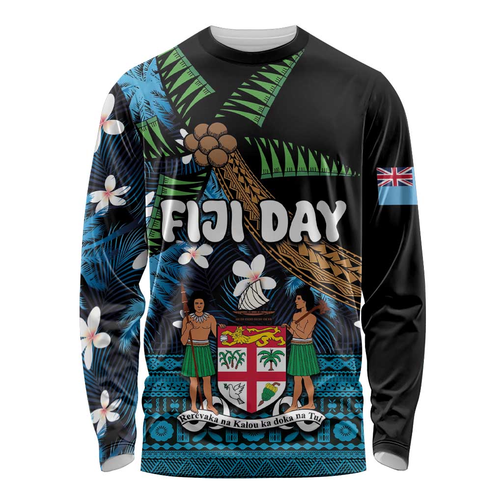 Fiji Day Long Sleeve Shirt Palm Tree With Plumeria Tapa Tribal Pattern