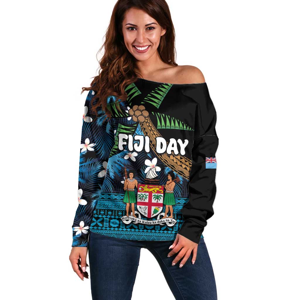 Fiji Day Off Shoulder Sweater Palm Tree With Plumeria Tapa Tribal Pattern