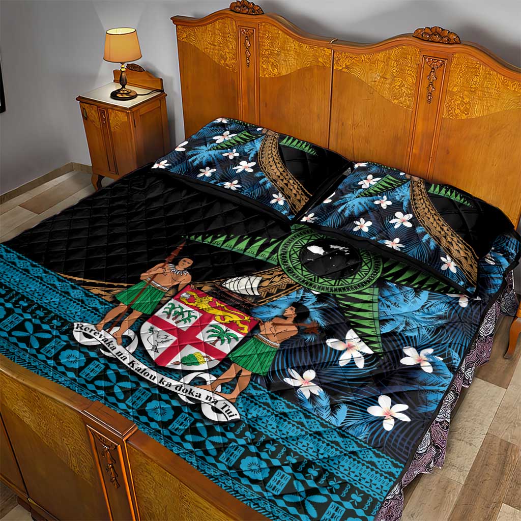 Fiji Day Quilt Bed Set Palm Tree With Plumeria Tapa Tribal Pattern