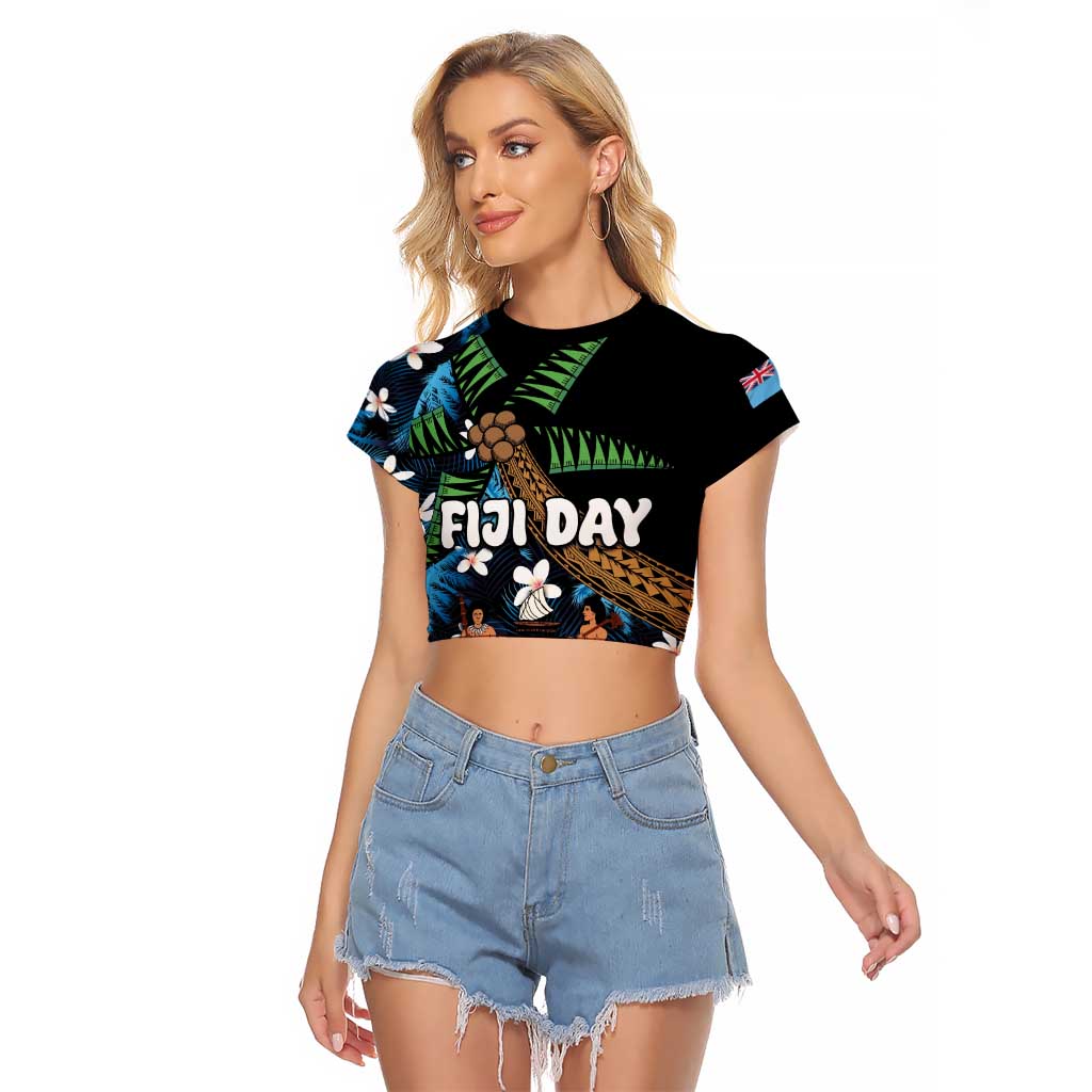 Fiji Day Raglan Cropped T Shirt Palm Tree With Plumeria Tapa Tribal Pattern