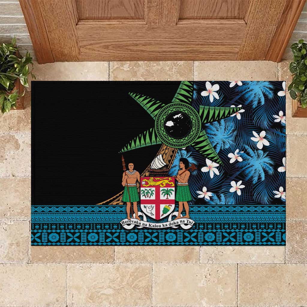 Fiji Day Rubber Doormat Palm Tree With Plumeria Tapa Tribal Pattern