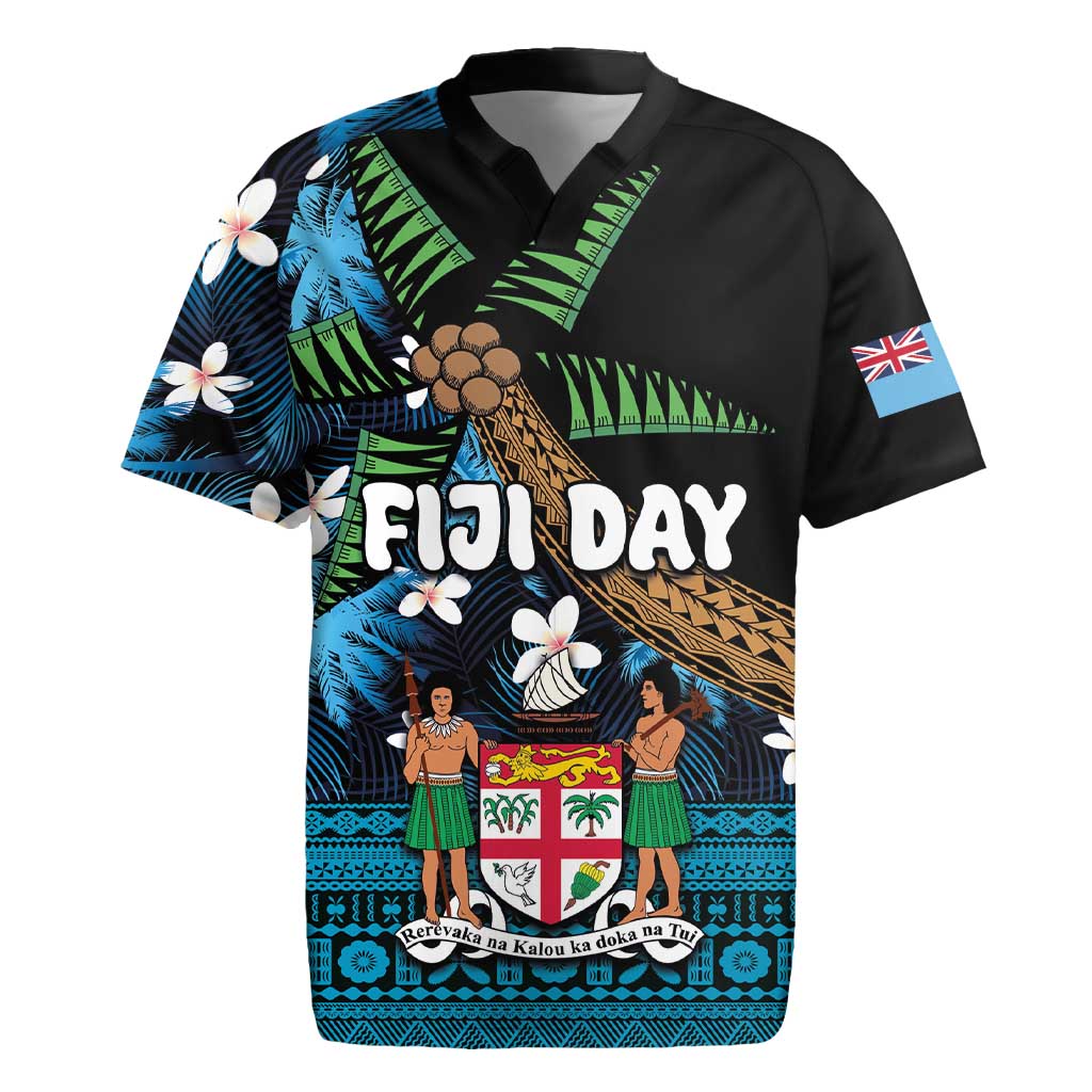 Fiji Day Rugby Jersey Palm Tree With Plumeria Tapa Tribal Pattern