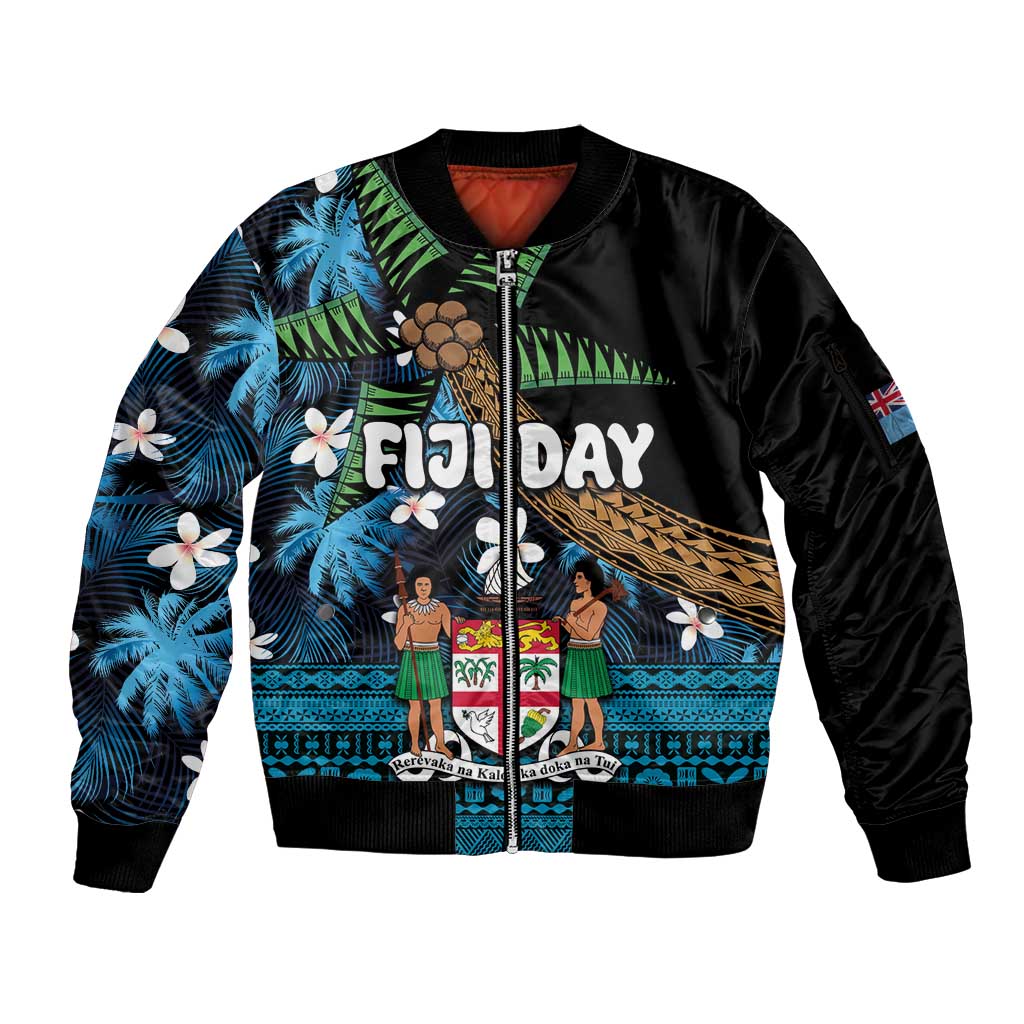 Fiji Day Sleeve Zip Bomber Jacket Palm Tree With Plumeria Tapa Tribal Pattern