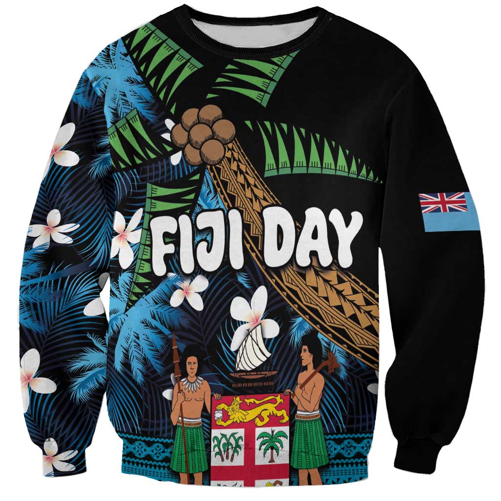 Fiji Day Sweatshirt Palm Tree With Plumeria Tapa Tribal Pattern