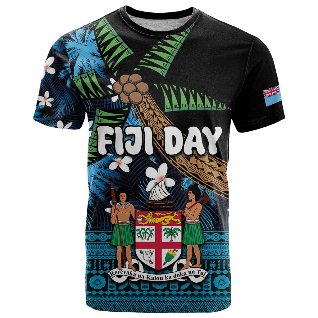 Fiji Day T Shirt Palm Tree With Plumeria Tapa Tribal Pattern