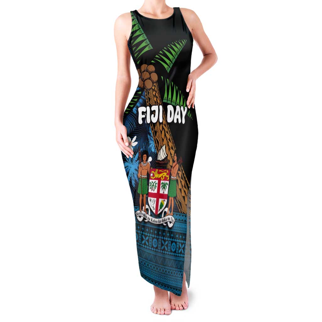 Fiji Day Tank Maxi Dress Palm Tree With Plumeria Tapa Tribal Pattern