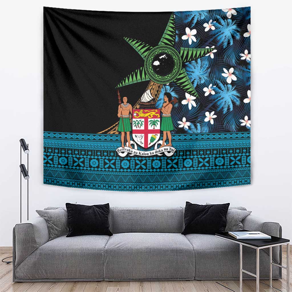 Fiji Day Tapestry Palm Tree With Plumeria Tapa Tribal Pattern