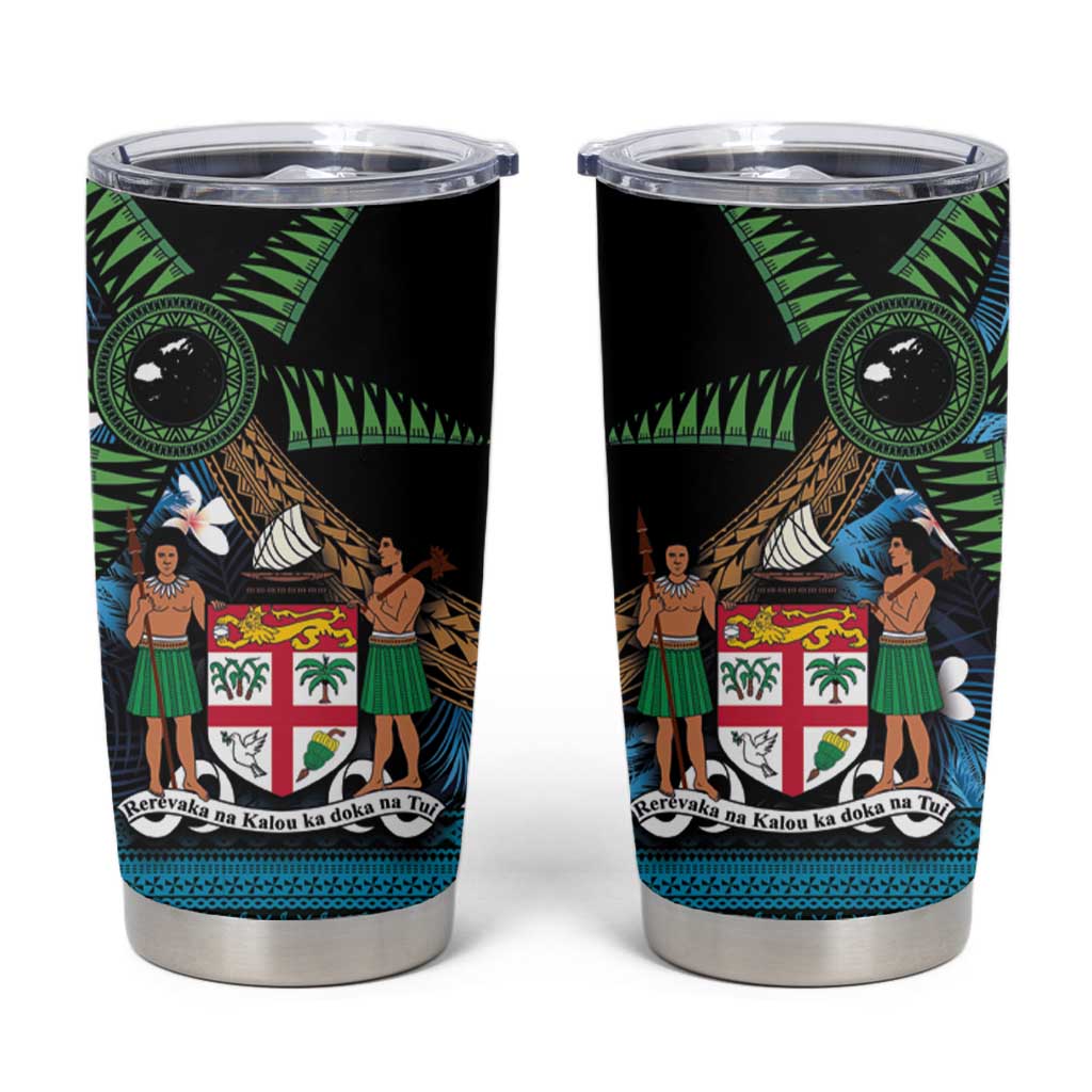 Fiji Day Tumbler Cup Palm Tree With Plumeria Tapa Tribal Pattern