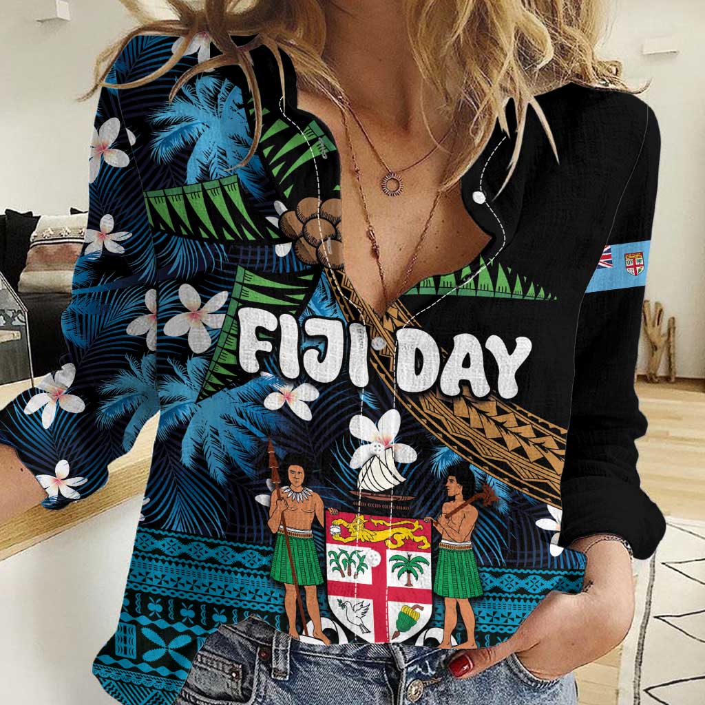 Fiji Day Women Casual Shirt Palm Tree With Plumeria Tapa Tribal Pattern