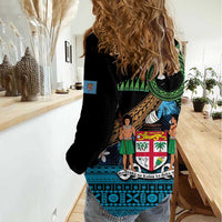 Fiji Day Women Casual Shirt Palm Tree With Plumeria Tapa Tribal Pattern