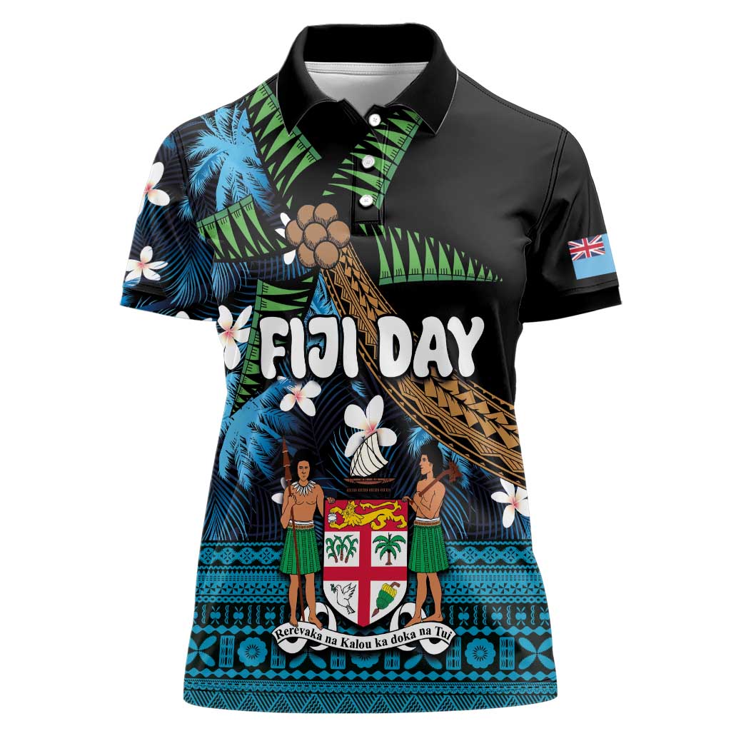 Fiji Day Women Polo Shirt Palm Tree With Plumeria Tapa Tribal Pattern