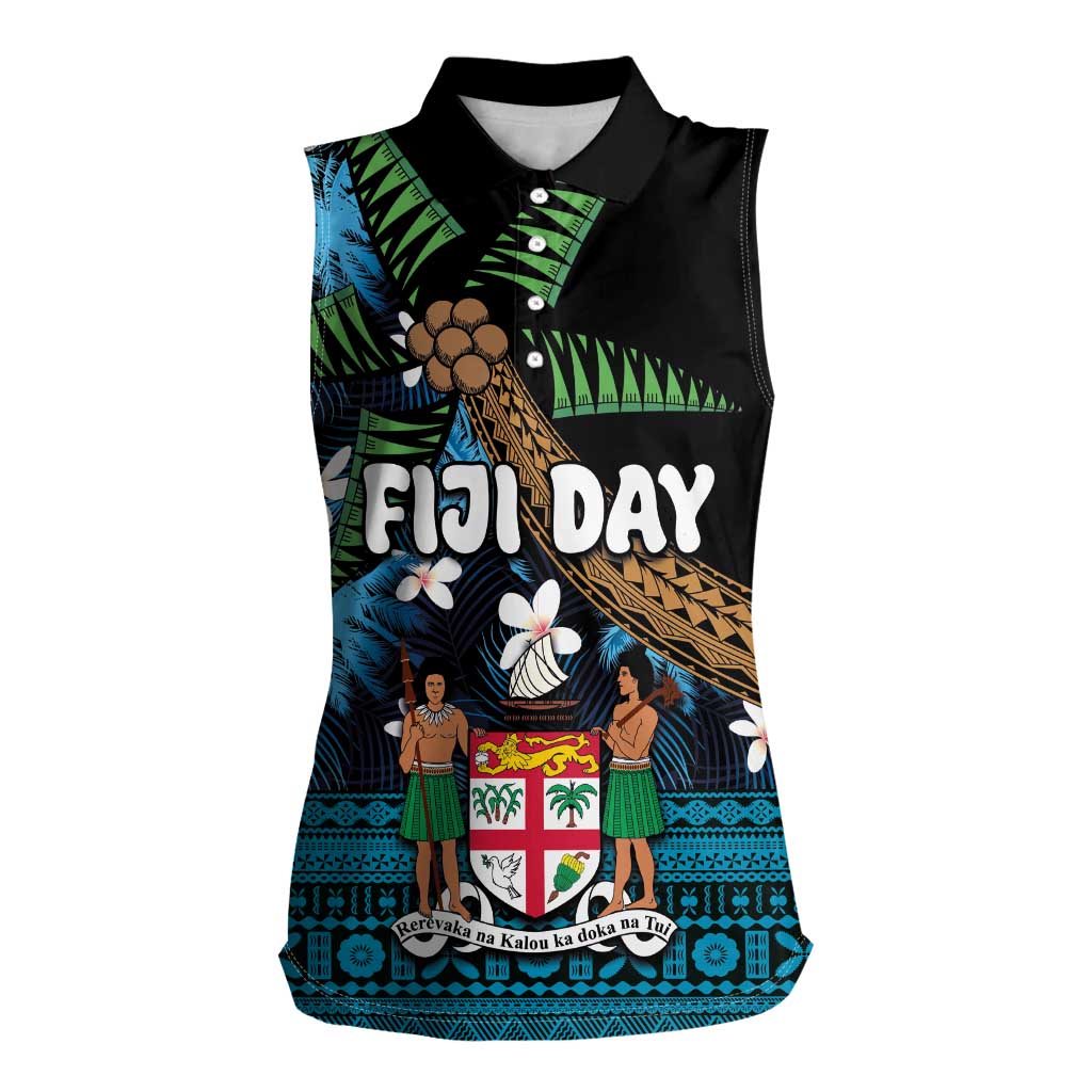 Fiji Day Women Sleeveless Polo Shirt Palm Tree With Plumeria Tapa Tribal Pattern