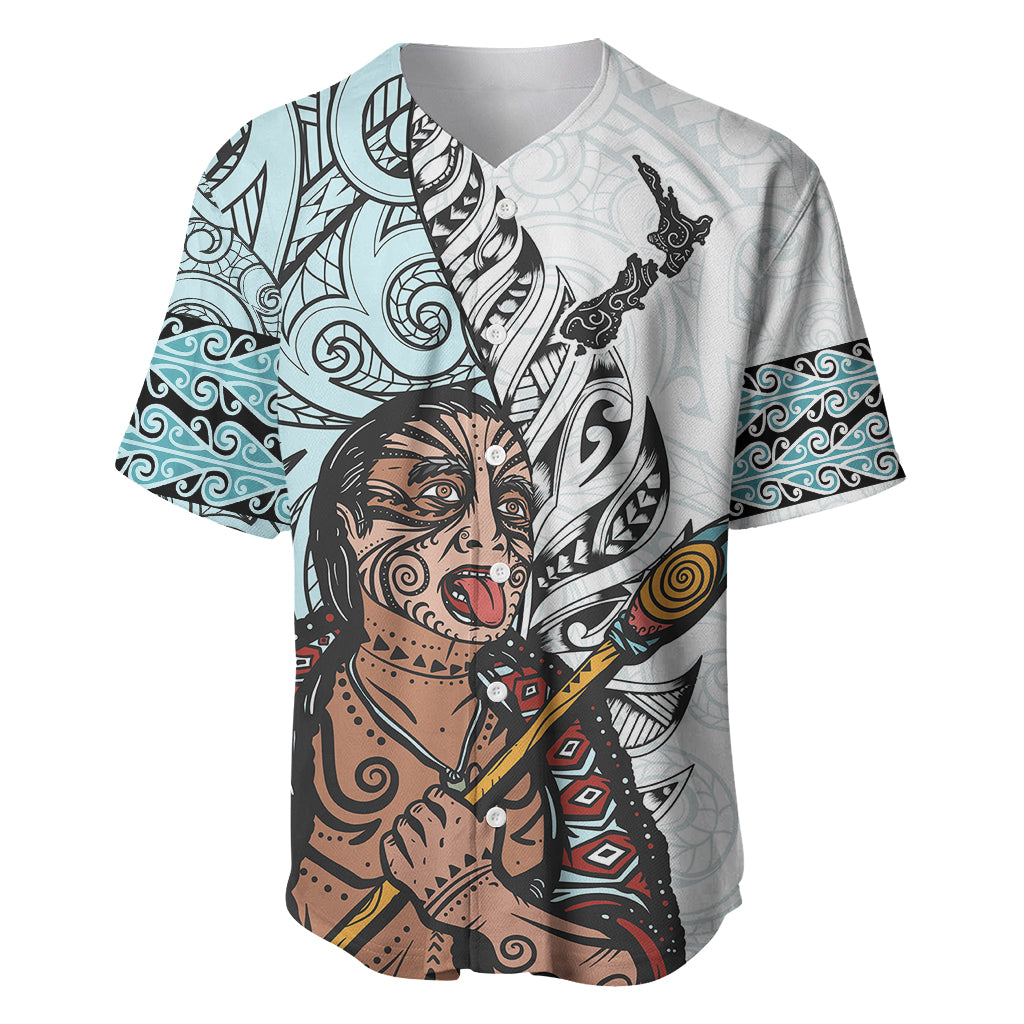 Maori Warrior Baseball Jersey Silver Fern New Zealand Map With Kowhaiwhai Pattern LT03 Blue - Polynesian Pride