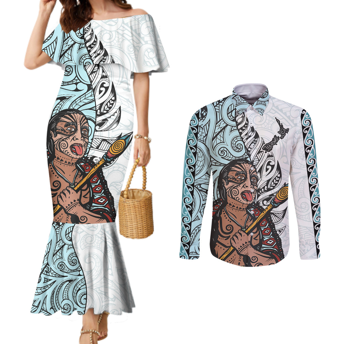 Maori Warrior Couples Matching Mermaid Dress and Long Sleeve Button Shirts Silver Fern New Zealand Map With Kowhaiwhai Pattern LT03 Blue - Polynesian Pride