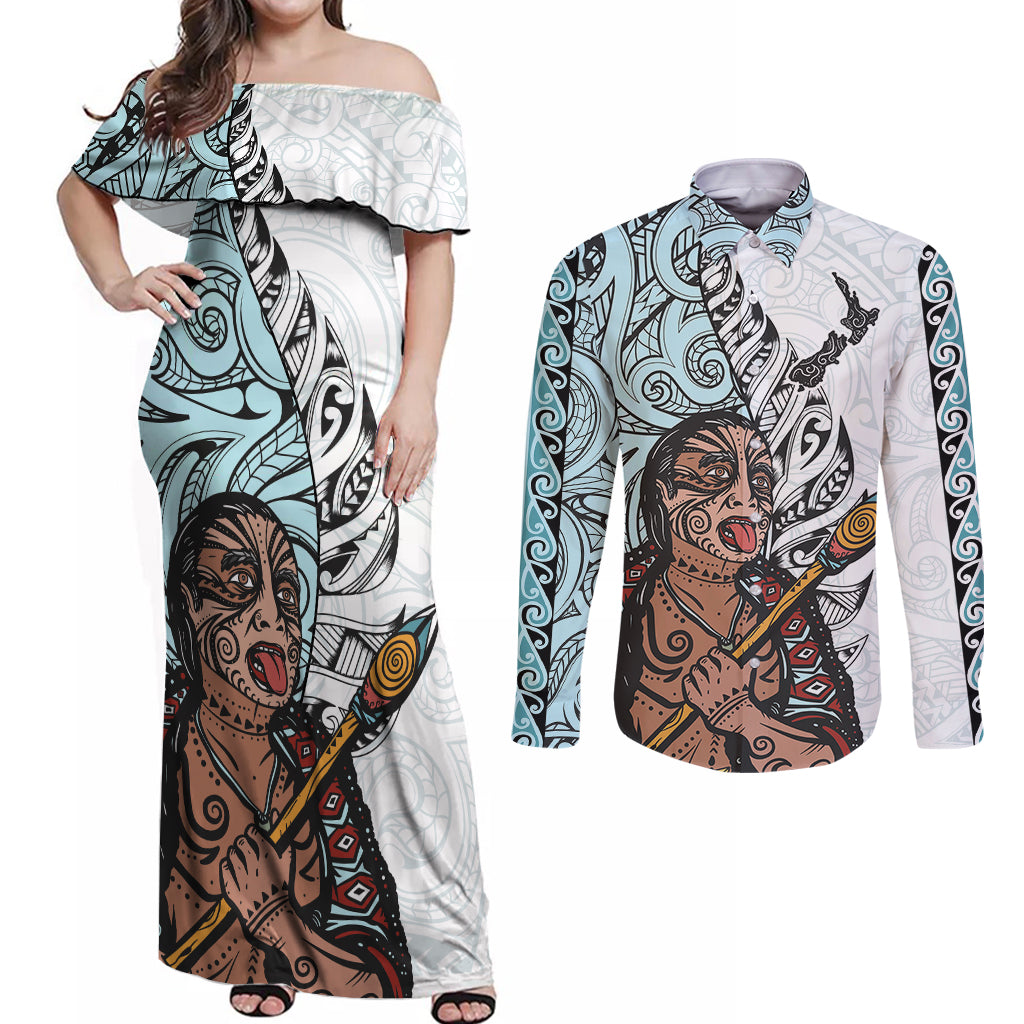 Maori Warrior Couples Matching Off Shoulder Maxi Dress and Long Sleeve Button Shirts Silver Fern New Zealand Map With Kowhaiwhai Pattern LT03 Blue - Polynesian Pride