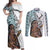 Maori Warrior Couples Matching Off Shoulder Maxi Dress and Long Sleeve Button Shirts Silver Fern New Zealand Map With Kowhaiwhai Pattern LT03 Blue - Polynesian Pride