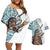 Maori Warrior Couples Matching Off Shoulder Short Dress and Hawaiian Shirt Silver Fern New Zealand Map With Kowhaiwhai Pattern LT03 Blue - Polynesian Pride