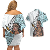 Maori Warrior Couples Matching Off Shoulder Short Dress and Hawaiian Shirt Silver Fern New Zealand Map With Kowhaiwhai Pattern LT03 - Polynesian Pride