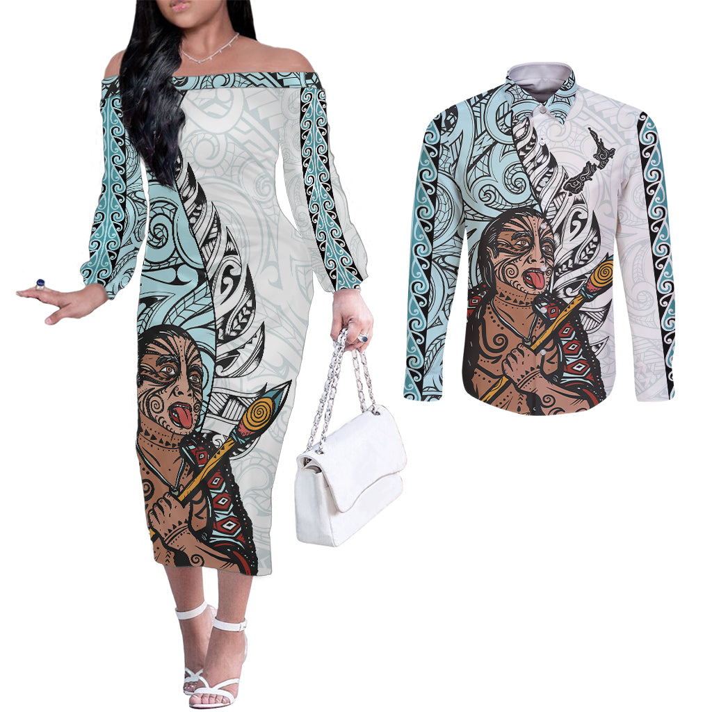 Maori Warrior Couples Matching Off The Shoulder Long Sleeve Dress and Long Sleeve Button Shirts Silver Fern New Zealand Map With Kowhaiwhai Pattern LT03 Blue - Polynesian Pride