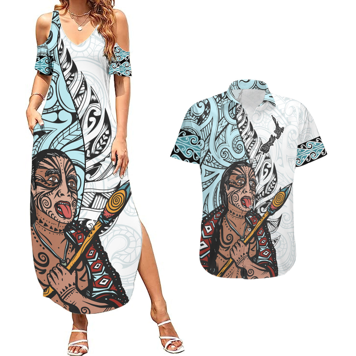 Maori Warrior Couples Matching Summer Maxi Dress and Hawaiian Shirt Silver Fern New Zealand Map With Kowhaiwhai Pattern LT03 Blue - Polynesian Pride