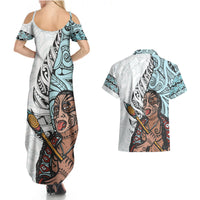 Maori Warrior Couples Matching Summer Maxi Dress and Hawaiian Shirt Silver Fern New Zealand Map With Kowhaiwhai Pattern LT03 - Polynesian Pride