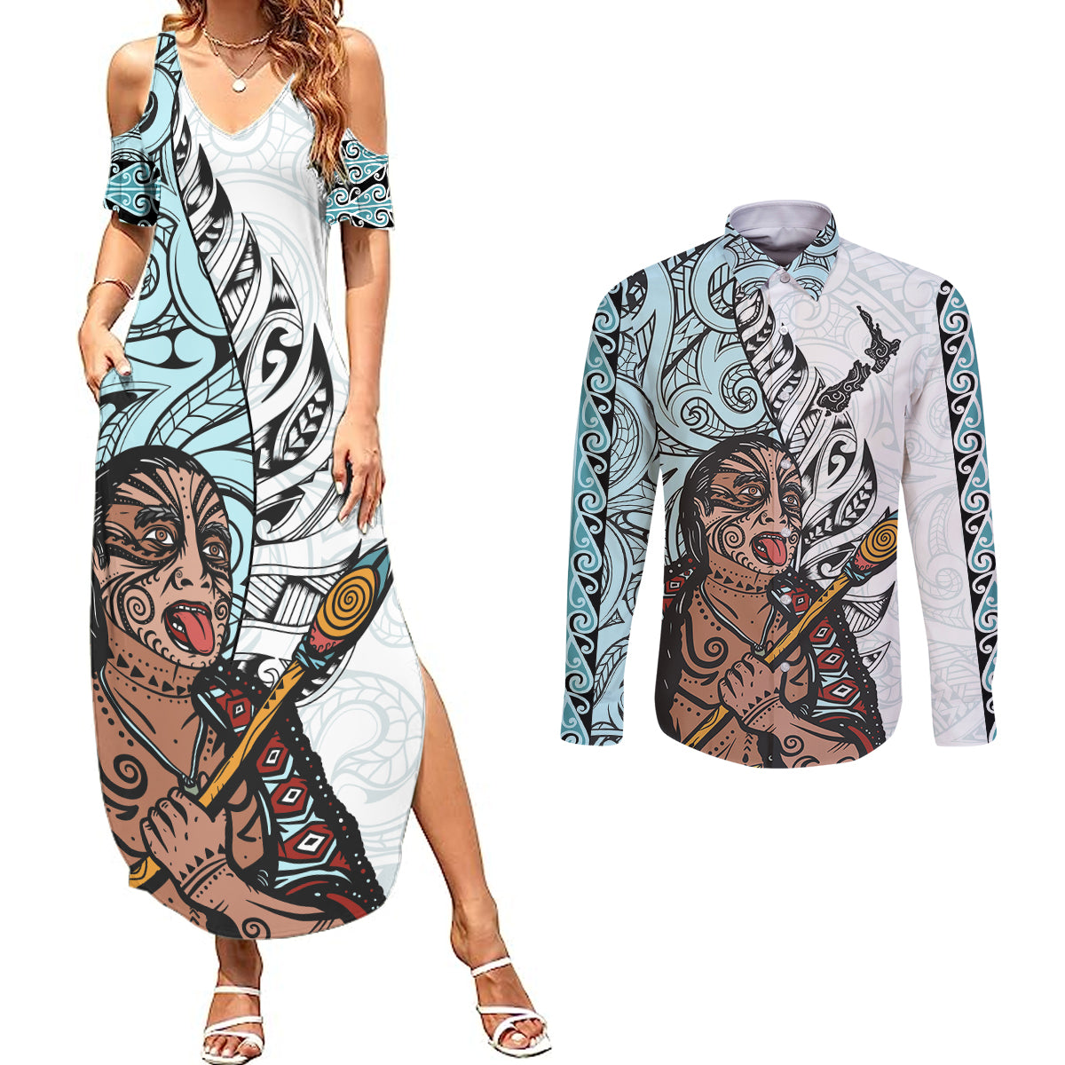 Maori Warrior Couples Matching Summer Maxi Dress and Long Sleeve Button Shirts Silver Fern New Zealand Map With Kowhaiwhai Pattern LT03 Blue - Polynesian Pride