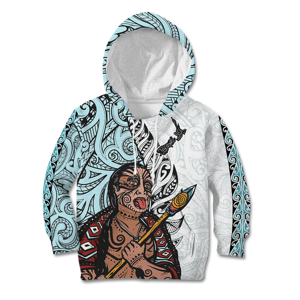 Maori Warrior Kid Hoodie Silver Fern New Zealand Map With Kowhaiwhai Pattern LT03 Hoodie Blue - Polynesian Pride