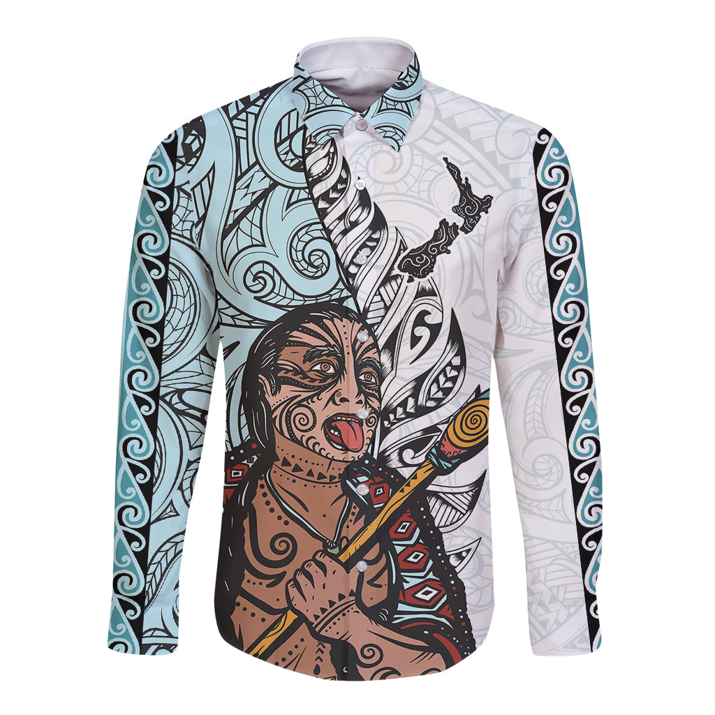 Maori Warrior Long Sleeve Button Shirt Silver Fern New Zealand Map With Kowhaiwhai Pattern LT03 Unisex Blue - Polynesian Pride