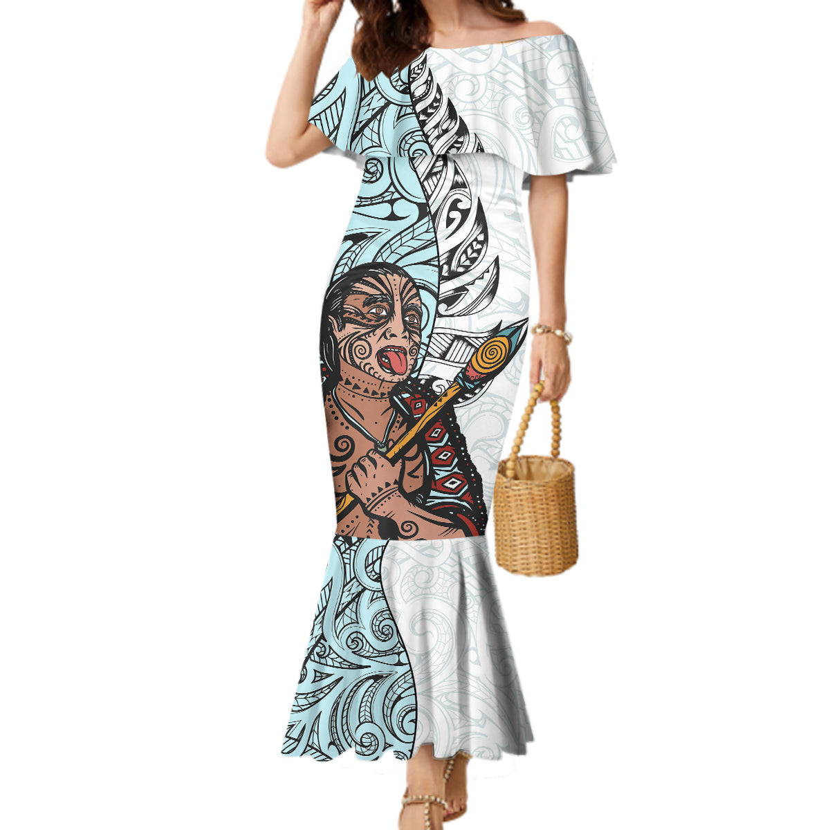 Maori Warrior Mermaid Dress Silver Fern New Zealand Map With Kowhaiwhai Pattern LT03 Women Blue - Polynesian Pride