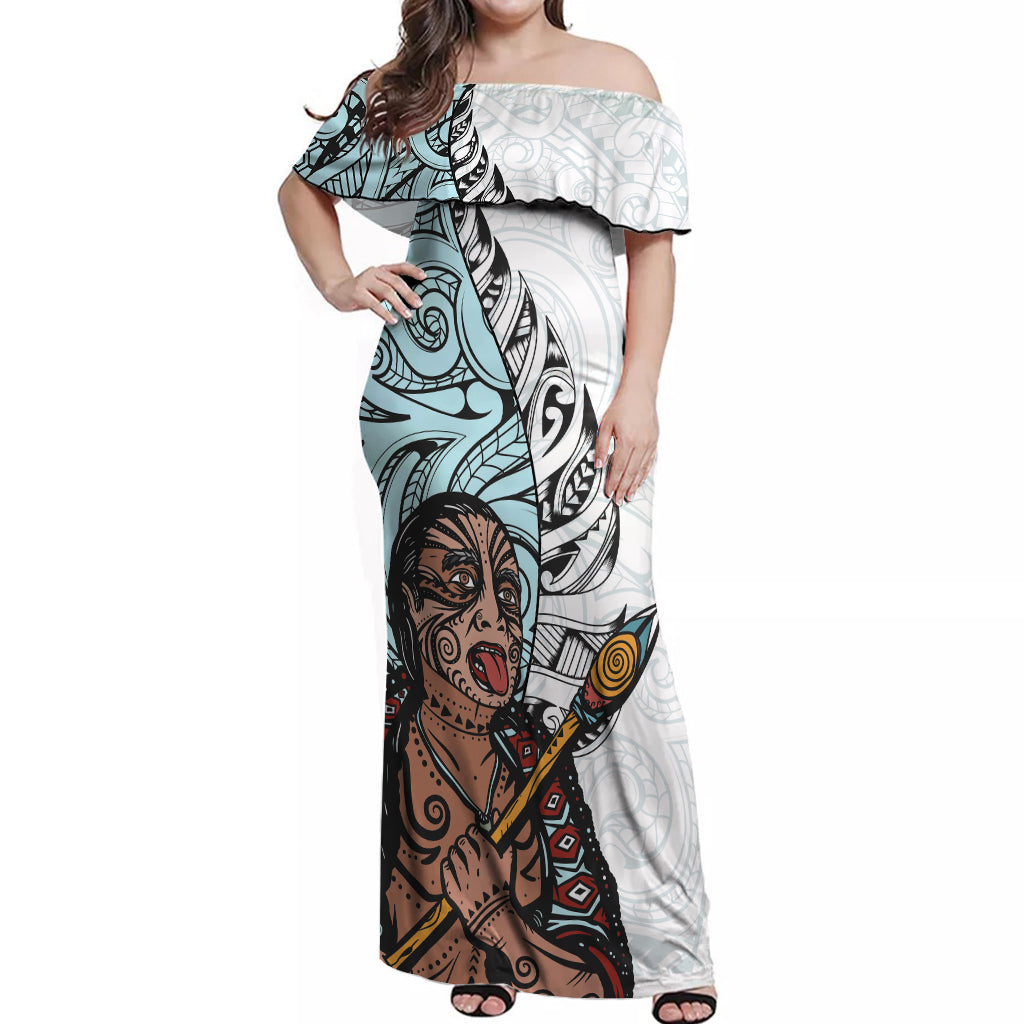 Maori Warrior Off Shoulder Maxi Dress Silver Fern New Zealand Map With Kowhaiwhai Pattern LT03 Women Blue - Polynesian Pride