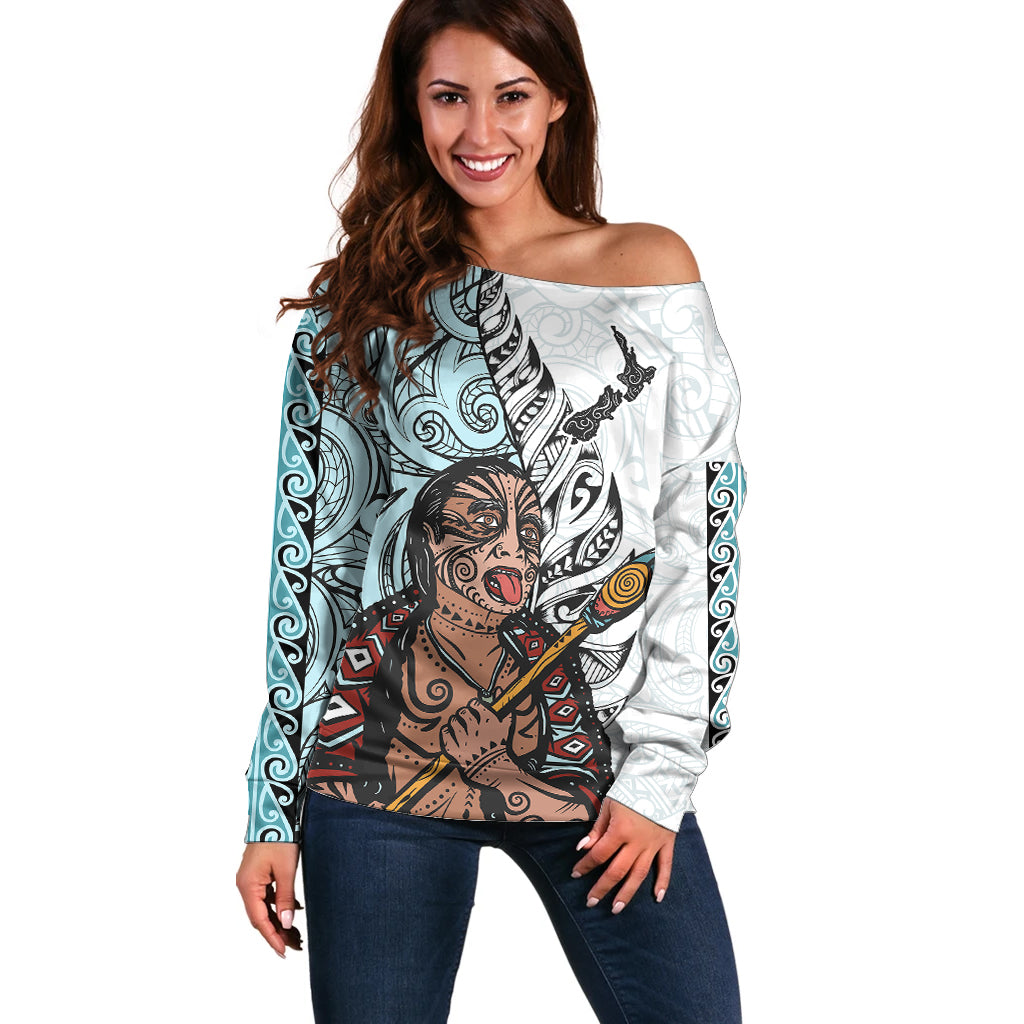 Maori Warrior Off Shoulder Sweater Silver Fern New Zealand Map With Kowhaiwhai Pattern LT03 Women Blue - Polynesian Pride