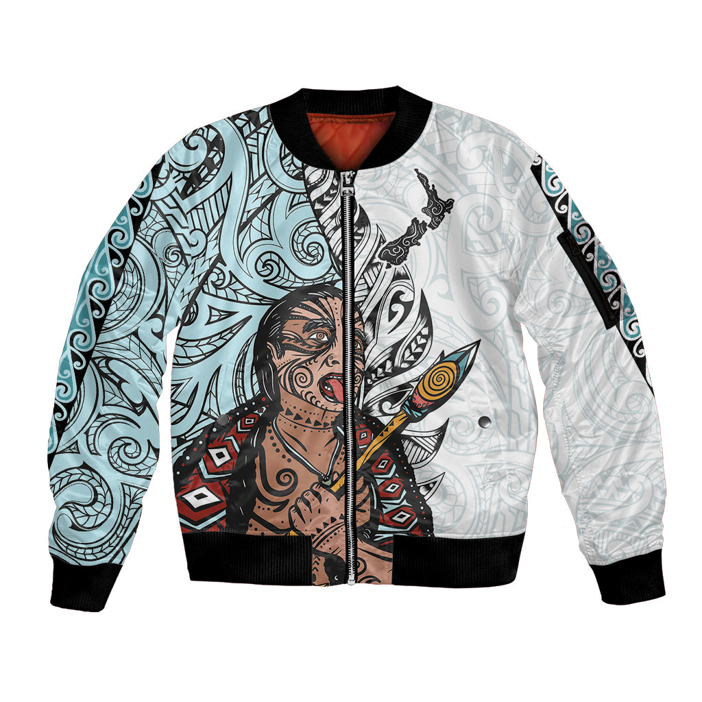 Maori Warrior Sleeve Zip Bomber Jacket Silver Fern New Zealand Map With Kowhaiwhai Pattern LT03 Unisex Blue - Polynesian Pride