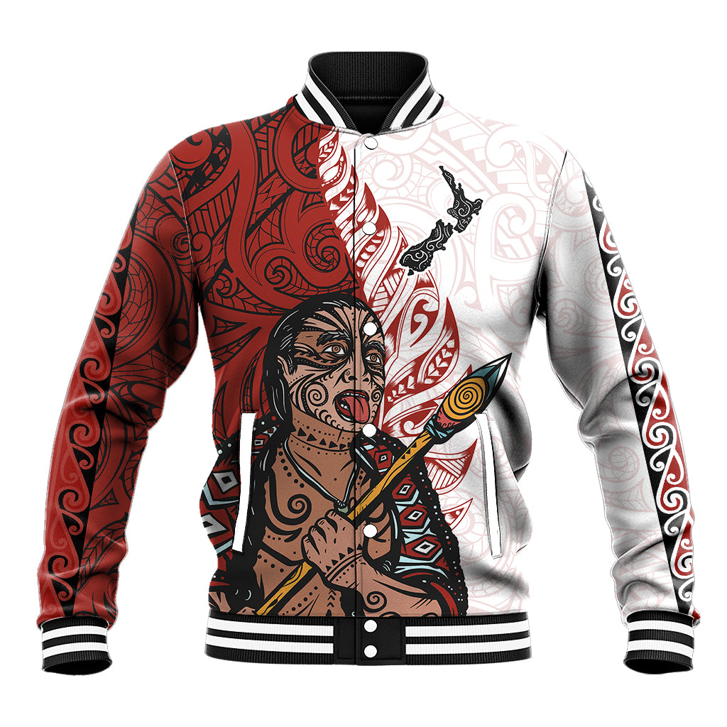 Maori Warrior Baseball Jacket Silver Fern New Zealand Map With Kowhaiwhai Pattern LT03 Unisex Red - Polynesian Pride