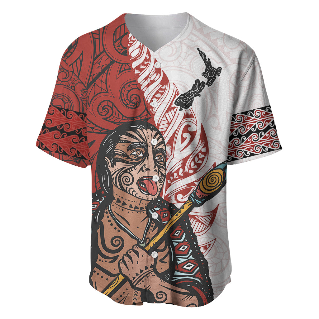 Maori Warrior Baseball Jersey Silver Fern New Zealand Map With Kowhaiwhai Pattern LT03 Red - Polynesian Pride