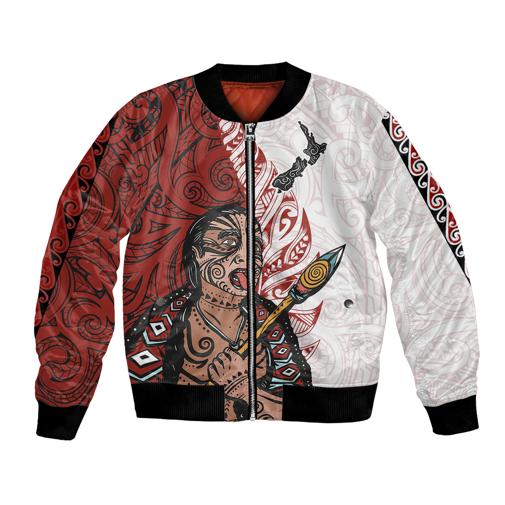 Maori Warrior Bomber Jacket Silver Fern New Zealand Map With Kowhaiwhai Pattern LT03 Unisex Red - Polynesian Pride