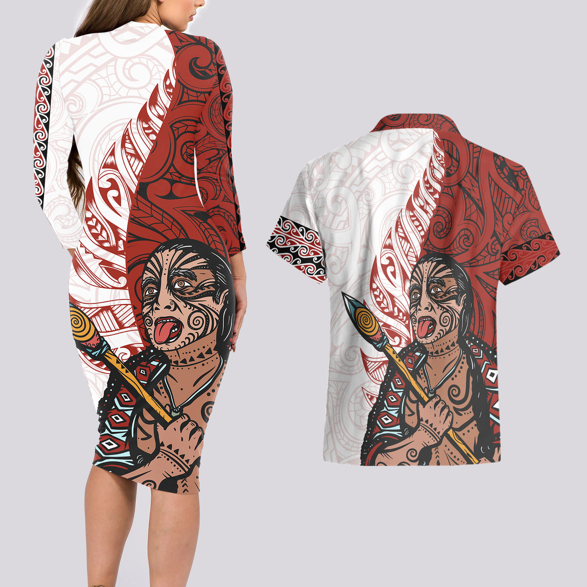 Maori Warrior Couples Matching Long Sleeve Bodycon Dress and Hawaiian Shirt Silver Fern New Zealand Map With Kowhaiwhai Pattern LT03 - Polynesian Pride