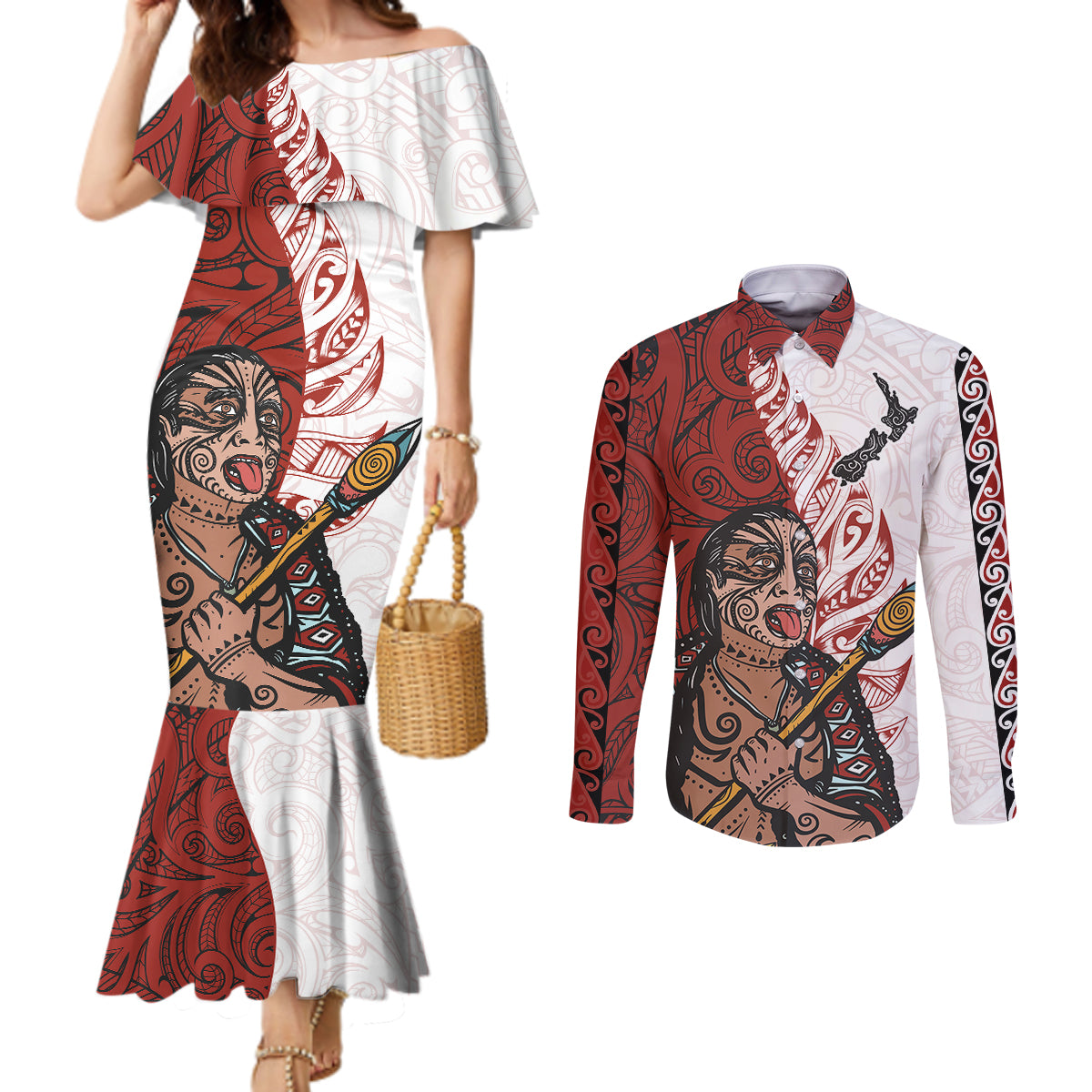 Maori Warrior Couples Matching Mermaid Dress and Long Sleeve Button Shirts Silver Fern New Zealand Map With Kowhaiwhai Pattern LT03 Red - Polynesian Pride