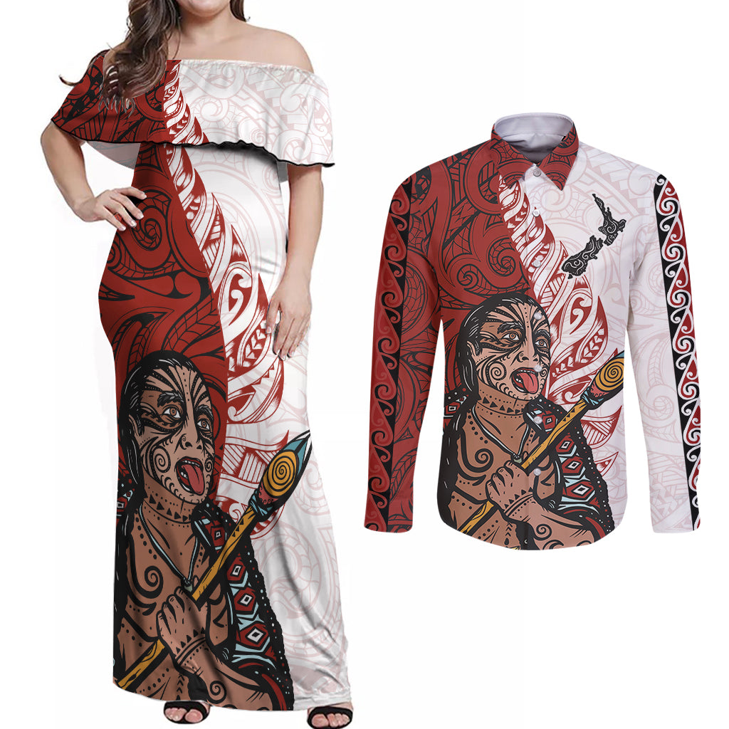 Maori Warrior Couples Matching Off Shoulder Maxi Dress and Long Sleeve Button Shirts Silver Fern New Zealand Map With Kowhaiwhai Pattern LT03 Red - Polynesian Pride