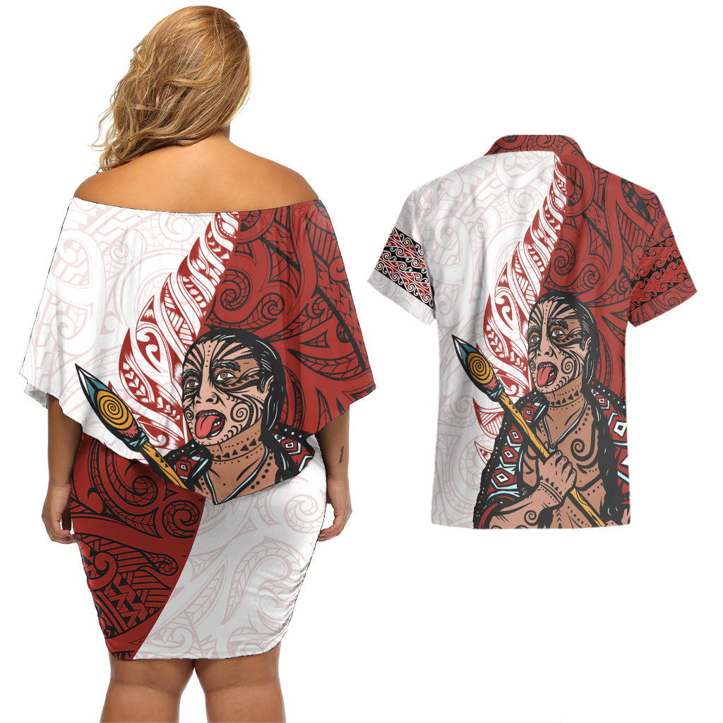 Maori Warrior Couples Matching Off Shoulder Short Dress and Hawaiian Shirt Silver Fern New Zealand Map With Kowhaiwhai Pattern LT03 - Polynesian Pride
