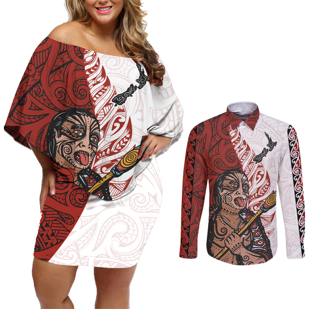 Maori Warrior Couples Matching Off Shoulder Short Dress and Long Sleeve Button Shirts Silver Fern New Zealand Map With Kowhaiwhai Pattern LT03 Red - Polynesian Pride